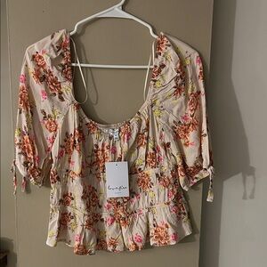 Free People Floral Beige and Pink Blouse
